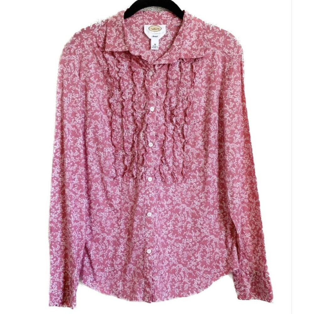 Talbots Pink Ruffle Floral Top Womens Medium Button Up Feminine Office Casual